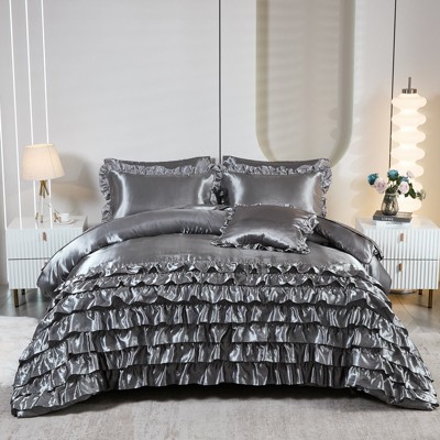 Satin Ruffle Comforter Set Bed in a Bag – 6/8-Piece Luxury Waterfall Bedding with Sheets, Pillowcases & Cushion Cover, Soft Silky Quilt