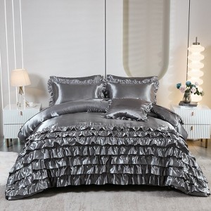 Satin Ruffle Comforter Set Bed in a Bag – 6/8-Piece Luxury Waterfall Bedding with Sheets, Pillowcases & Cushion Cover, Soft Silky Quilt - 1 of 4