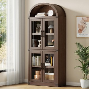 71.4" Tall Arched Farmhouse Bookshelf with Doors - Wood Display Storage Cabinet for Living Room/Kitchen/Office - 1 of 4