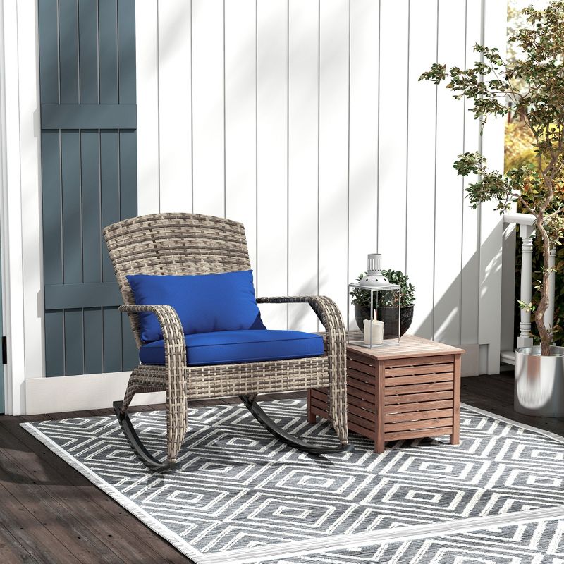Outsunny Outdoor Wicker Adirondack Rocking Chair, Patio Rattan Rocker Chair with High Back, Seat Cushion and Pillow for Porch, Balcony, 3 of 7