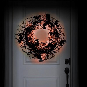 Black Glitter Crow & Bat Halloween Wreath - 26" Door Decor for Indoor & Outdoor by 4E's Novelty - 1 of 4