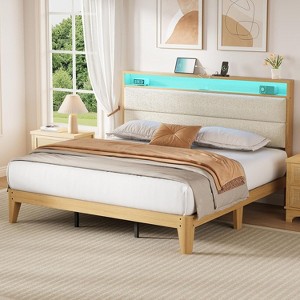 Boucle Platform Bed Frame with LED Lights, Upholstered Headboard with Built-in Charging Station, No Box Spring Needed, Easy Assembly - 1 of 4