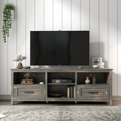 Chic Crate - 70" Rustic Media Console w/ 4 Modular Bins & Soft-Close Drawers - Carbonized Pine TV Stand for Living Room/Bedroom (Charcoal Finish)