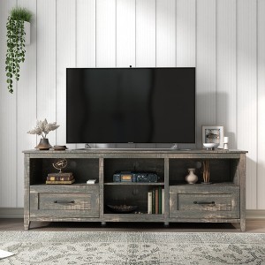 Chic Crate - 70" Rustic Media Console w/ 4 Modular Bins & Soft-Close Drawers - Carbonized Pine TV Stand for Living Room/Bedroom (Charcoal Finish) - 1 of 4