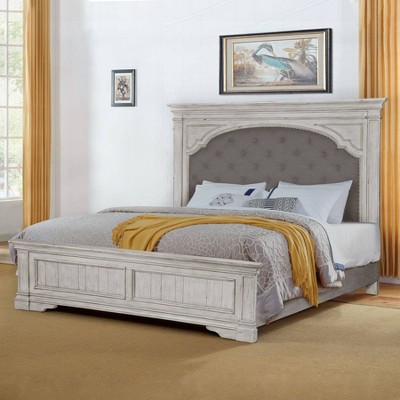 Queen Rustic Ivory Wood Panel Bed with Tufted Headboard