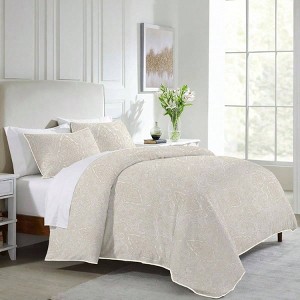 Full/Queen Size Duvet Cover Set, 400 Thread Count Cotton, Sateen Comforter with 2 Pillow Shams, Button Closure, Corner Ties, Beige - 1 of 4