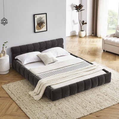 Queen Size Upholstered Bed Frame With Thick Fabric,Chenille Fabric Grounded Platform Bed With Headboard And Solid Frame -Maison Boucle