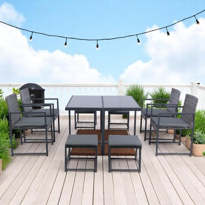 Mshliw 9-Piece Patio Dining Set with Space-Saving Rattan Chairs and Glass Table Top, Grey Wicker & Dark Grey Cushions for Outdoor and Indoor Use