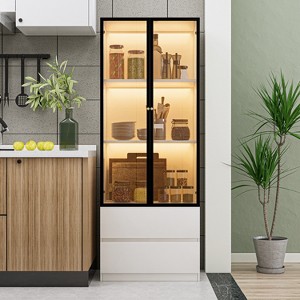 ATJafurn 23.6'' White China Cabinet Lighted Dining Cabinet Display Cabinet with Glass Doors and Drawers and LED Light for Living Room Dining Room - 1 of 4