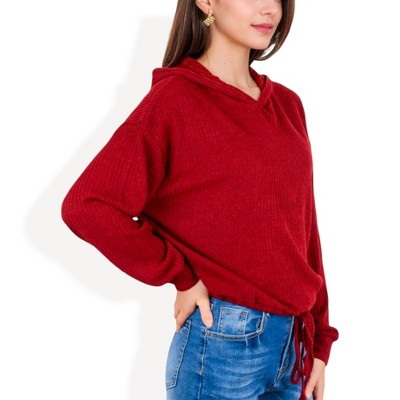 Anna-Kaci Women's Drawstring Hem Ribbed Hoodie with Long Sleeves and Relaxed Fit