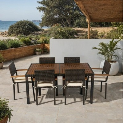 YOOCOZZ 7-Piece Outdoor Wicker Rattan Dining Set with Acacia Wood Tabletop and Armrest - Brown