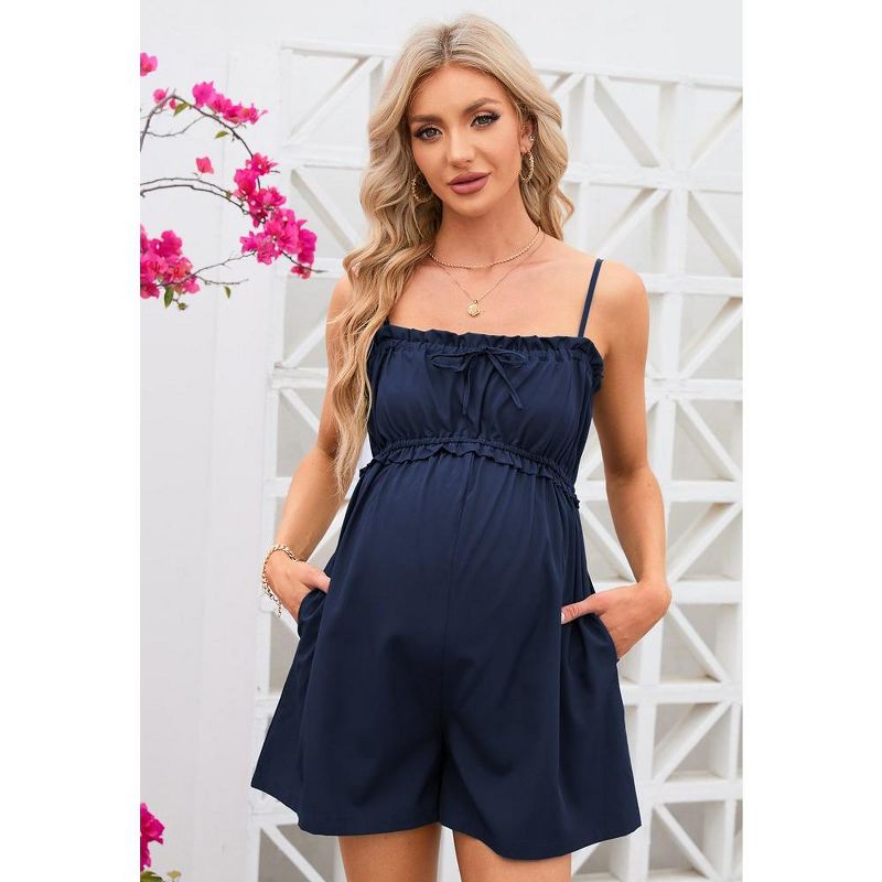 Maternity Sleeveless Rompers Summer Spaghetti Strap Casual Jumpsuit Ruffle Short Romper Overalls With Pockets, 5 of 8