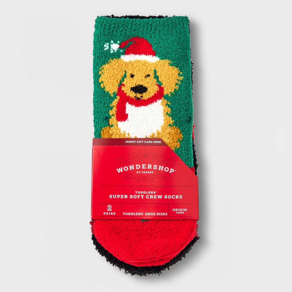 Toddler 2pk Buffalo Check Plaid & Golden Retriever Cozy Crew Socks with Gift Card Holder - Wondershop™ Red/Black