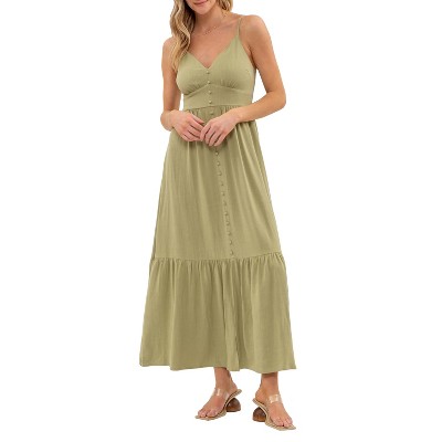 August Sky Women's Deep V-neckline Sleeveless Midi Dress, Small, Olive ...