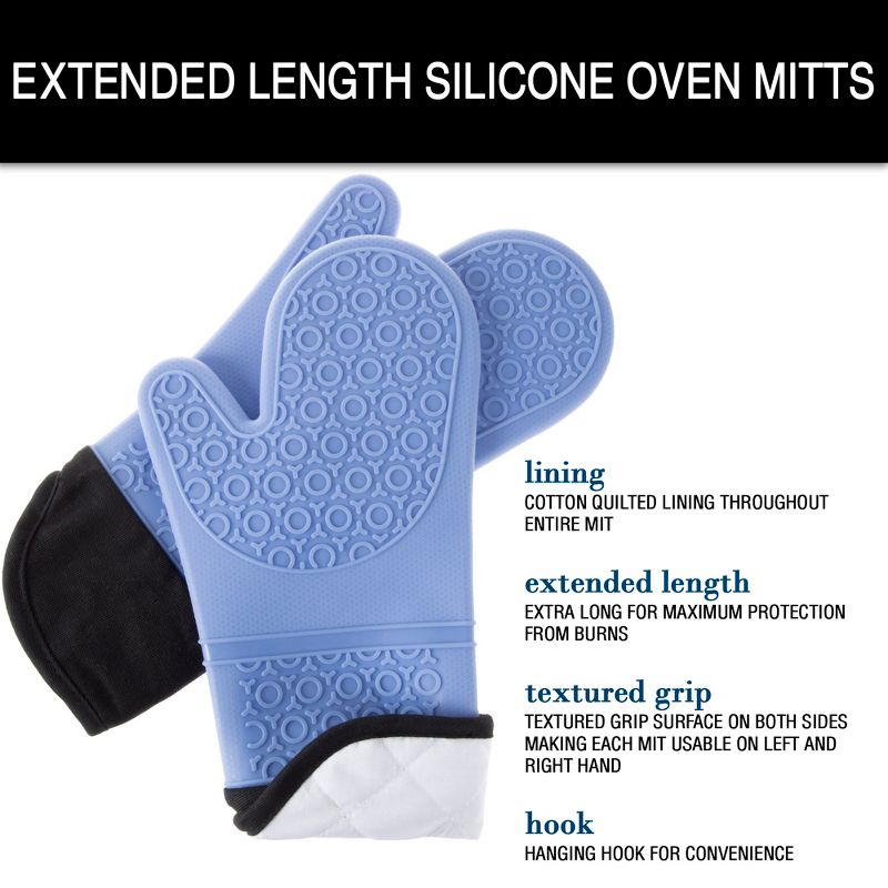 Silicone Oven Mitts - Extra Long Professional Quality Heat Resistant with Quilted Lining and 2-sided Textured Grip - 1 pair Blue by Hastings Home, 5 of 7