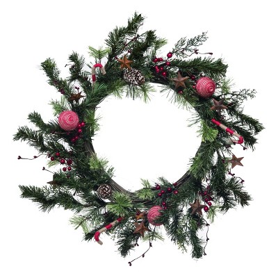 Transpac Wood 24 in. Brown Christmas Twig Bauble Wreath