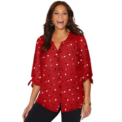 Catherines Women's Plus Size Georgette Buttonfront Tie Sleeve Cafe Blouse