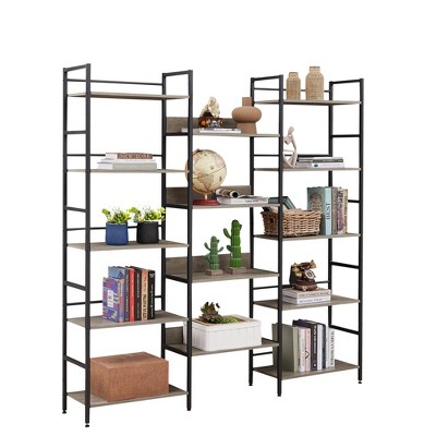 Lycvki Grey Industrial Wooden Wide 5-shelf Bookshelves