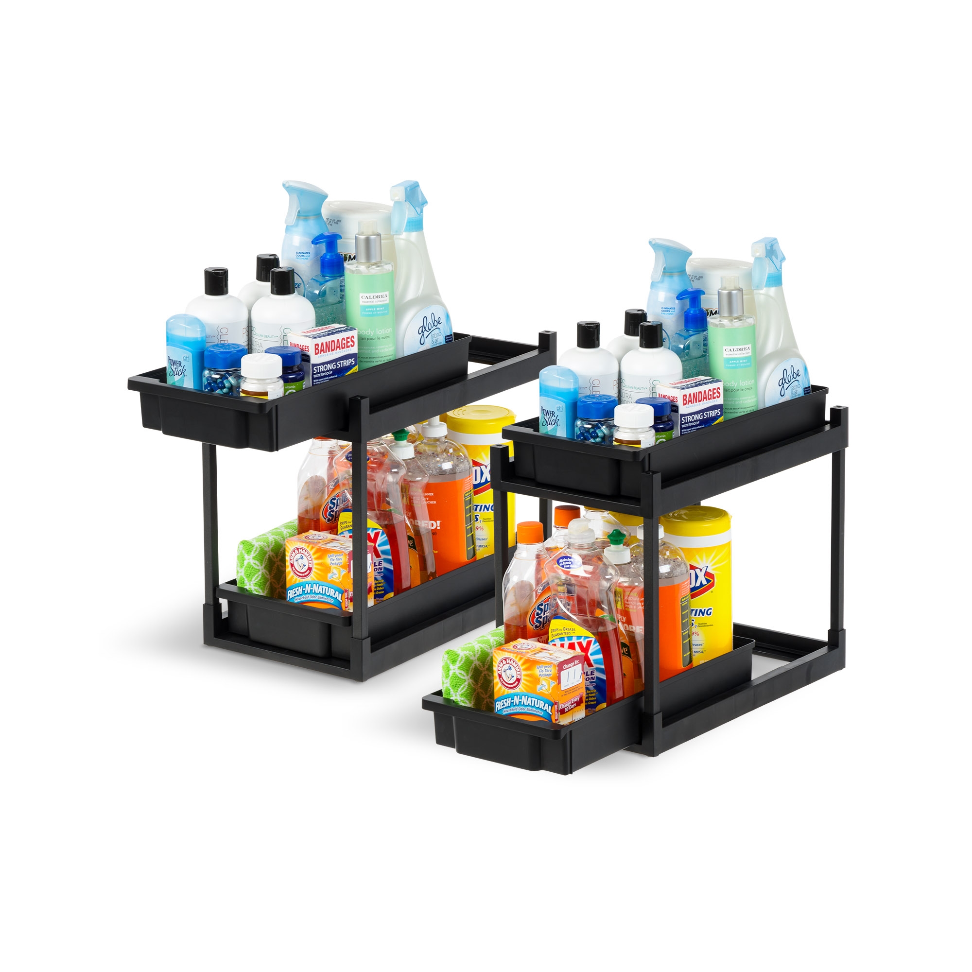 IRIS 2-Tier Under Sink Organizer, 2 Pack, Storage with Sliding Drawers - Versatile solution for Office, Kitchen or Bathroom - Black