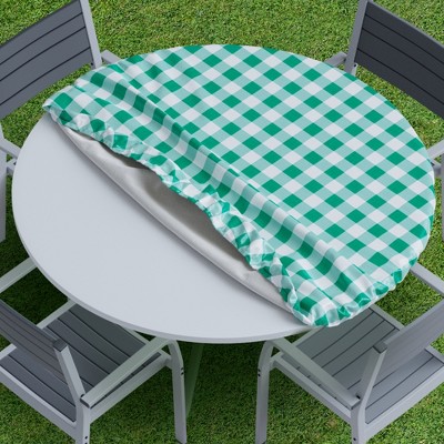 Green and White Vinyl Round Fitted Tablecloth with Elastic, 30"