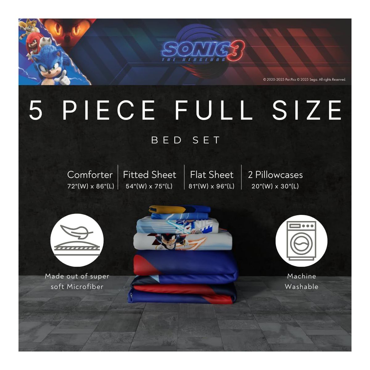 Sonic The Hedgehog 3 Movie Kids Bedding Full Comforter and Sheets, 5 Piece Set - thumbnail 3
