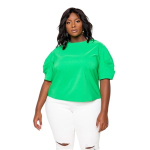 Slickblue Plus Size Puff Sleeve Blouse, Ruched Shoulder Detail, Stretch Knit Top, Feminine Style, Green, 1XL-3XL - 1 of 4