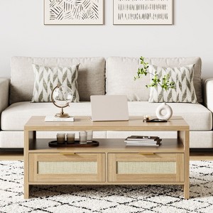 40 Inch Coffee Table, Farmhouse Center Table with 2 Drawers and Open Shelf, Wooden Rectangular Cocktail Table with Storage and Thick Wood Top - 1 of 4