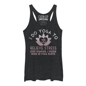 Women's CHIN UP Lotus Drink Wine in Yoga Pants Racerback Tank Top - 1 of 3