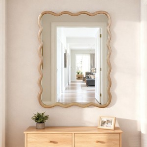 Spassway 30"W*40"H Beige Asymmetrical Rectangle Wall Mirror Modern Irregular Wood Frame Wall Mounted Vanity Mirror Decorative for Bedroom Bathroom - 1 of 4