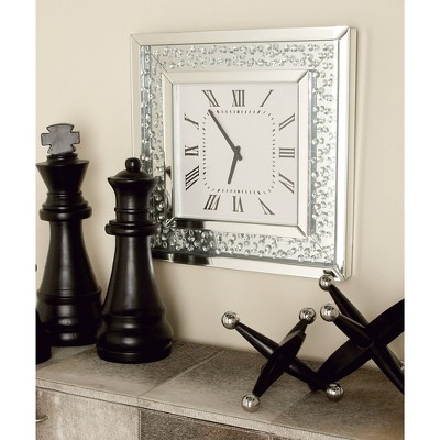 Silver Mirrored Square Wall Clock with Floating Crystals