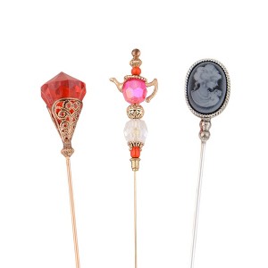 Anna-Kaci Classic Vintage 3Pcs Hat Pin Set with Rhinestone Teardrop and Pearl Accents for Scarves Lapels and Hat Accessories - 3pcs Cameo - 1 of 4