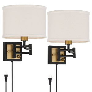 360 Lighting Joelle Modern Swing Arm Wall Lamps Set of 2 Brass Black Plug-in Light Fixture Fabric Drum Shade for Bedroom Bedside Living Room Reading - 1 of 4