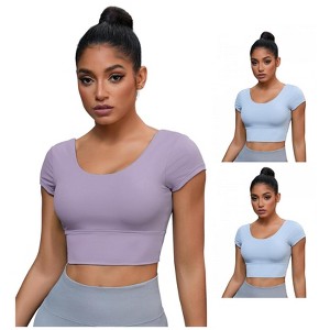 INSPIRE CHIC 3 Packs Women's U Neck Short Sleeve Deep V Back Shapewear Workout Tank Tops with Bulit in Bra - 1 of 4