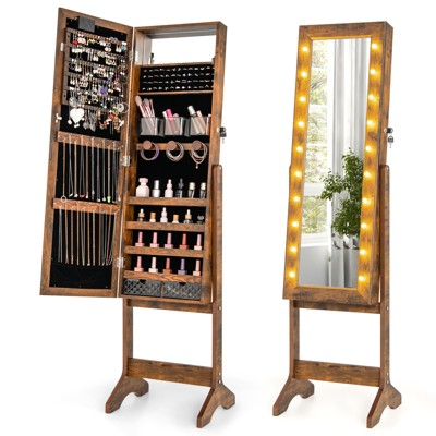 Tangkula Jewelry Armoire Cabinet Standing Lockable Jewelry Organizer with Lighted Full-Length Mirror Black/Rustic Brown/White
