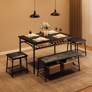 Dining Table Set for 4, Kitchen Table Set with Upholstered Bench and Square Stools - 1 of 4
