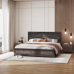 Full Size Bed Frame with Charging Station, Industrial Design Platform Bed Frame with Headboard and Metal Slated Frame - 1 of 4