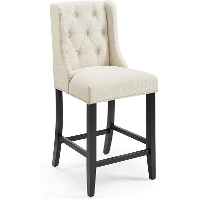 Beige Tufted Button Luxe Fabric Counter Stool with Solid Wood Legs