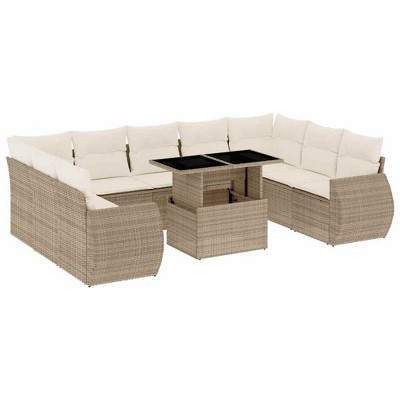 vidaXL 10 Piece Patio Sofa Set with Cushions Beige and Cream Poly Rattan - Without Storage