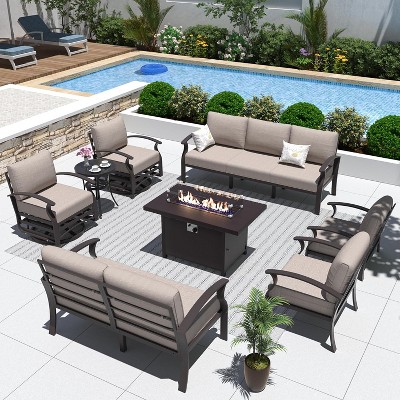 ALAULM Aluminum Patio Furniture Set with Propane Fire Pit Table 10-seat Metal Outdoor Furniture