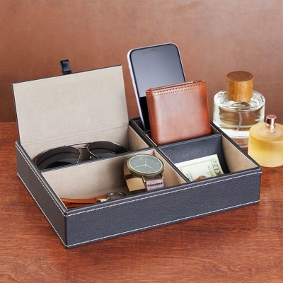Black Faux Leather Men's Rectangular Valet Tray with 5 Compartments