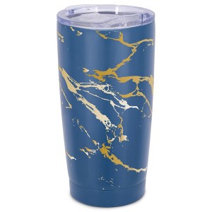 Elanze Designs 20 oz Stainless Steel On the Go Insulated Travel Tumbler With Push Top Lid, Gold Tone Marble Print Blue - 1 of 4