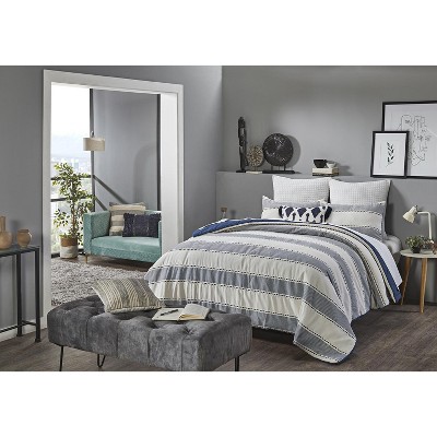 Ivory and Navy Striped Microfiber Queen Comforter Set