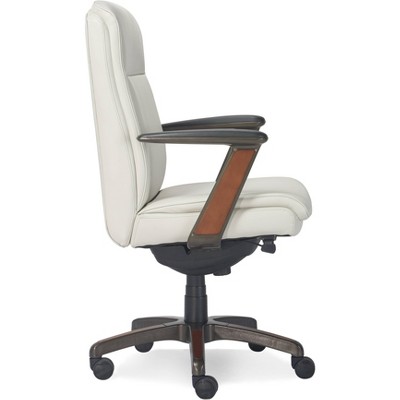 White Leather and Wood Swivel Executive Office Chair with Lumbar Support