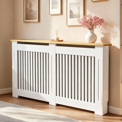 Artloge Radiator Cover: Modern Slatted Vertical White Radiator Cover with Wood-grain Top, MDF Wood Grill Shelf Radiator Cover