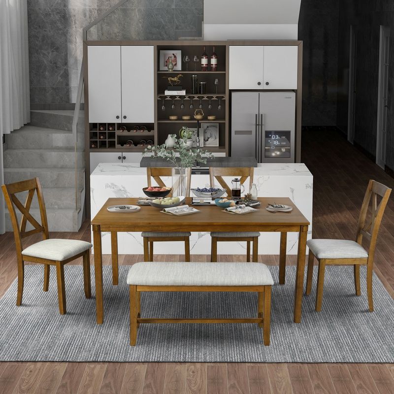 Modernluxe 6-Piece Kitchen Dining Table Set Wooden Rectangular Dining Table with 4 Dining Chairs and a Bench, 1 of 8