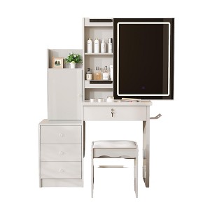 Gulches Vanity Desk Set with Sliding Mirror 4 Drawers & 9 Storage Spaces (Hidden Compartments) + Cushioned Stool, White Makeup Dressing Table - 1 of 4