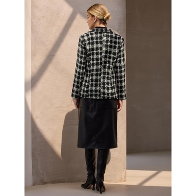 INSPIRE CHIC Women's Plaid Tweed Notched Lapel Long Sleeve One Button Suit Blazer Black Small — фото 5