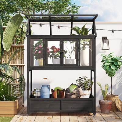 GDFStudio Tommy Garden Wood Potting Bench with Openable Roof and Movable Wheels