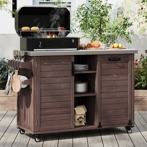 Bella Depot 78.3" Outdoor Kitchen Island with Foldable Grill Table, Wooden Outdoor Grill Cart with Trash Can Storage - 1 of 4