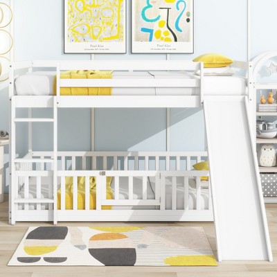 NicBex Twin Over Twin Bunk Bed with Slide,Loft Bed with Safety Guardrails and Ladder for Bedroom,Gray/White/Brown
